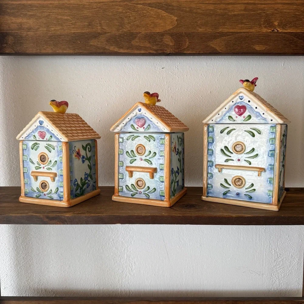 3pc Alco Industries Ceramic Birdhouse Canister Set Floral Butterfly Bird House
